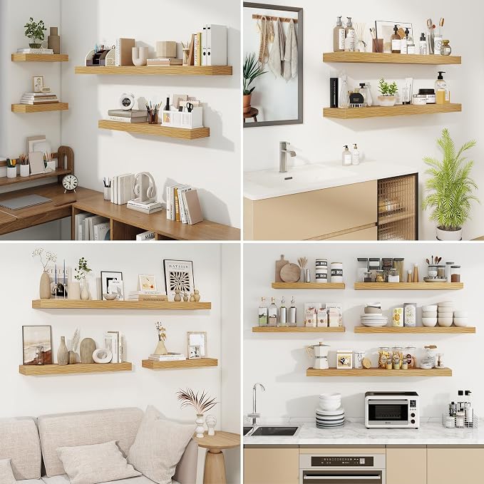 fuqing Floating Shelves for Wall, Wall Mounted Wood Floating Shelf with Invisible Brackets for Living Room, Bathroom, Bedroom, Kitchen Storage and Decor, 30 Inch Set of 2, Oak
