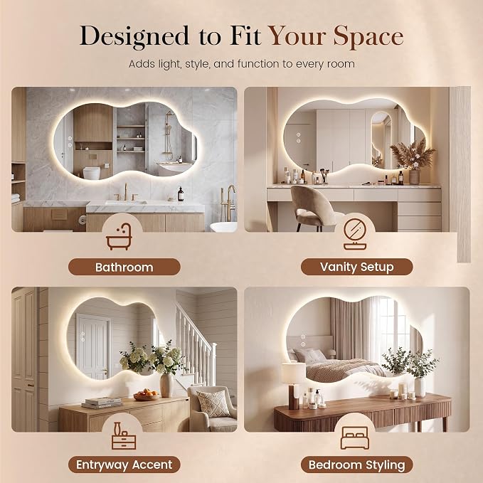 40''x24'' Lighted Mirrors for Bathroom Wall Backlit, Cloud LED Bathroom Mirror Frameless with Lights Anti Fog, Dimmable, 3 Colors,Tempered Glass, Shatter-Proof