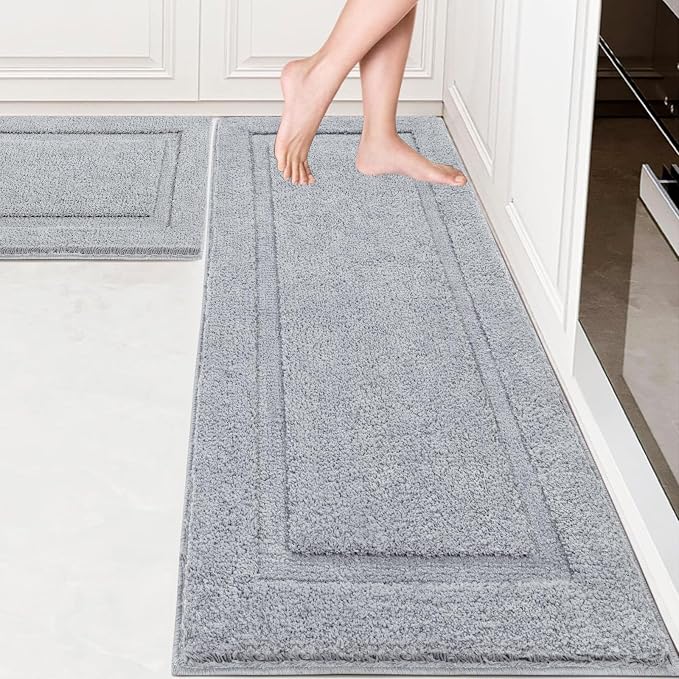 SHACOS Soft Microfiber Bathroom Rugs Set of 2 Pieces, Light Grey | 47x20 + 32x20, Absorbent Plush Bath Rugs, Non Slip Washable Shaggy Bath Mats, Fluffy Bathroom Runner Floor Mats Shower Rug