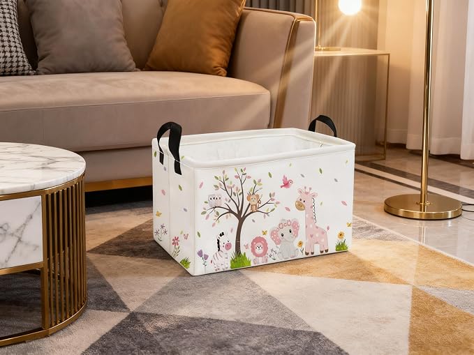 Essme Rectangular Animal Baskets,Pink Storage Basket with Handles for Room Decor,Cute Storage Bin(Pink animal)