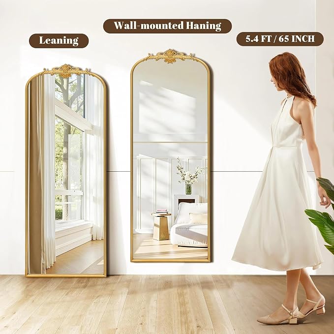 Besdomus Vintage Mirror Full Length: 21"x56" Gold Long Arched Body Mirrors | French Floor Standing Metal Framed - Antique Baroque Traditional Ornate - Ideal for Foyer/Cloakroom/Bedroom/Dressing Room