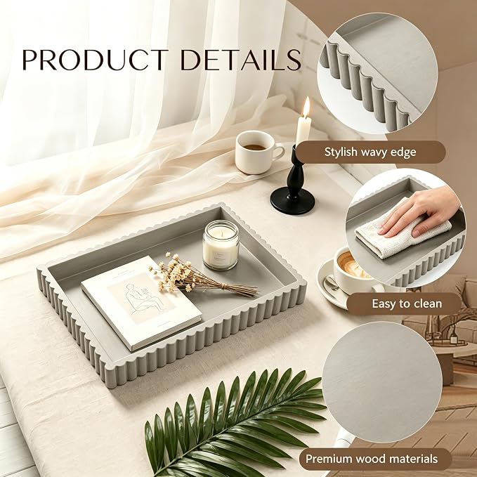 Decorative Tray for Coffee Table Decor, 14" x 10" Rectangular Wooden Coffee Table Tray, Modern Decorative Trays for Home Decor, Living Room, Entry, Dining Room (Grey)