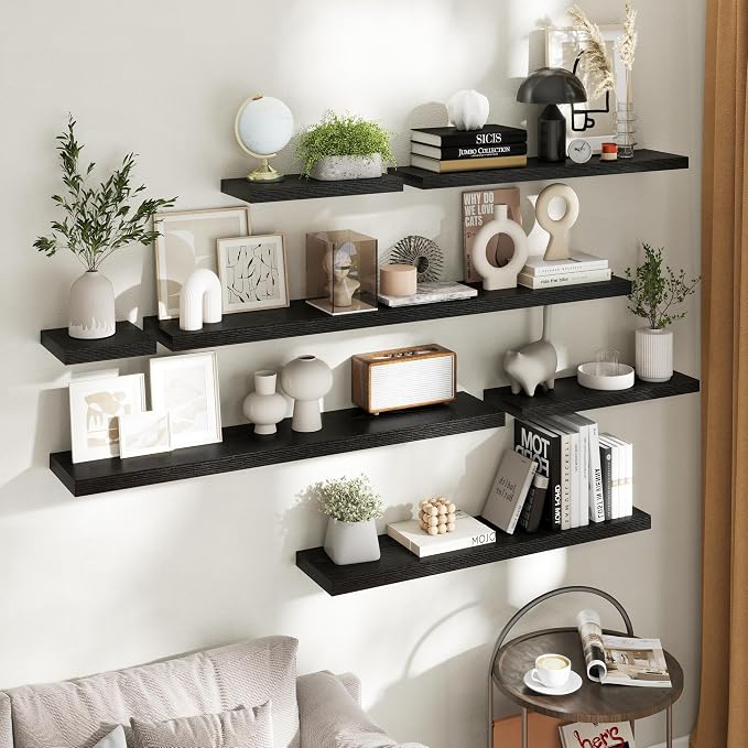 48 Inch Floating Shelves for Wall 2 Pack, 8"D Wood Grain Bathroom Shelves | Invisible Brackets, Black Finish, Easy Install | Engineered Wood Storage Shelves for Kitchen, Study, Bedroom