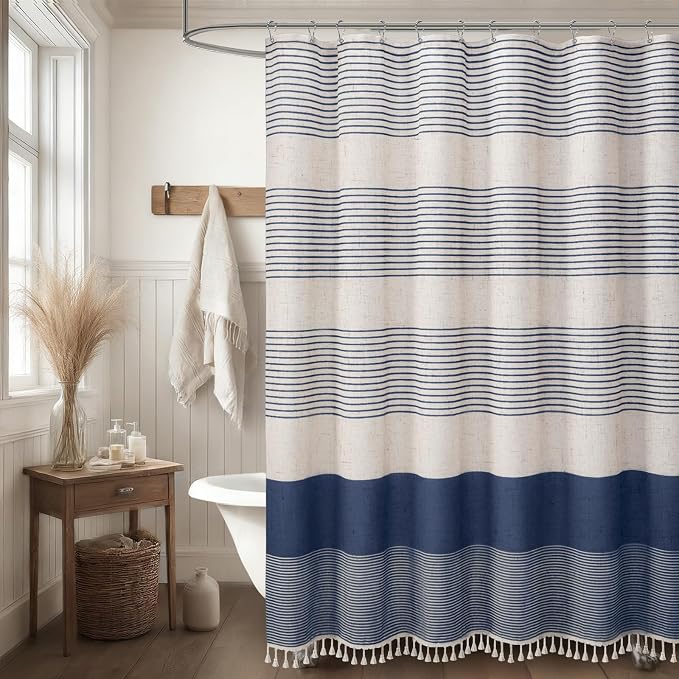 Navy Blue Coastal Ocean Linen Striped Shower Curtain with Tassel 48W X 72L | Boho Farmhouse Shower Curtains with Linen Texture for Bathroom Decor