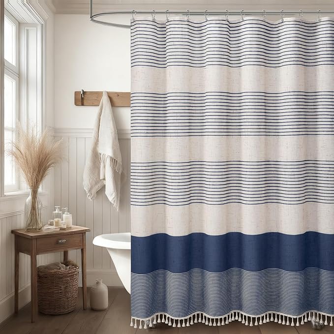 Navy Blue Coastal Ocean Linen Striped Shower Curtain with Tassel 72W X 84L | Extra Long Boho Farmhouse Shower Curtains with Linen Texture for Bathroom Decor