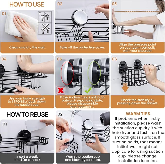 Shower Caddy Suction Cup, Suction Caddy with Hooks and Soap Holder | Black Shower Caddies, No-Drilling Bathroom Shower Organizer, Heavy Duty, No Drill