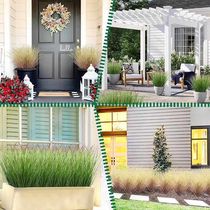 36Pcs Artificial Grass Plants Outdoor Faux Shrubs Wheat Grass Green Onion Grass Artificial Greenery Tall Stems for Indoor Outdoor Office Home Decor(Green Red Tail)