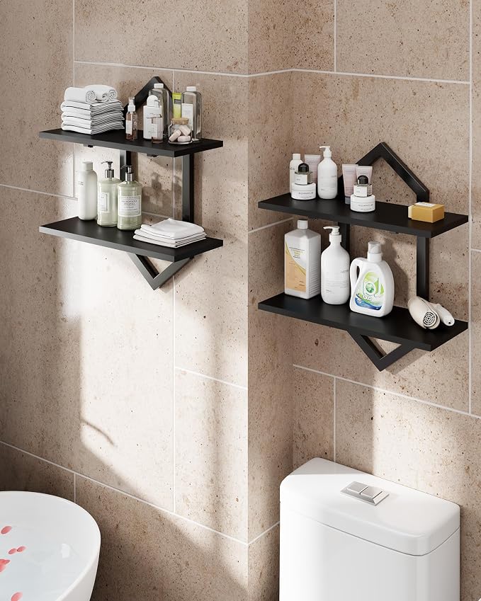 Floating Wall Shelves, Set of 2 Decorative Geometric Shelf for Home Decor | 2-Tier Wall Mounted Display Shelves for Bedroom, Living Room, Office & Kitchen, Modern Storage Rack for Books, Plants & Decor