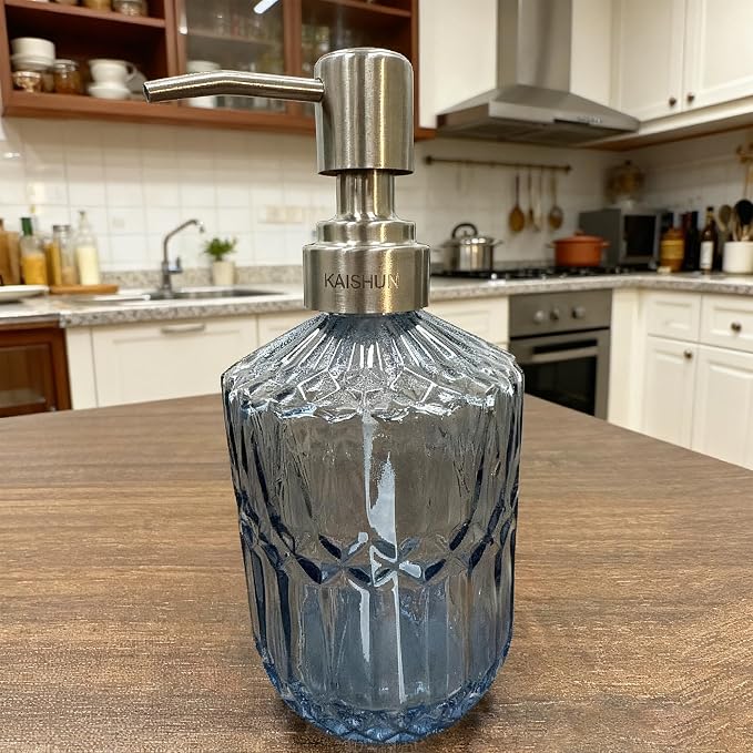 Kaishun 13OZ Refillable Glass Soap Dispenser for Hand Soap & Lotion, Blue