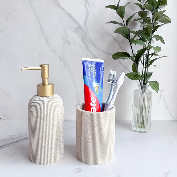 Tall Sand Beige Toothbrush Holder for Bathroom Countertop, 13oz | Modern Boho Aesthetic, Vintage Farmhouse Sandstone Organizer for Bathroom Countertop, Holds Pens & Makeup Brushes