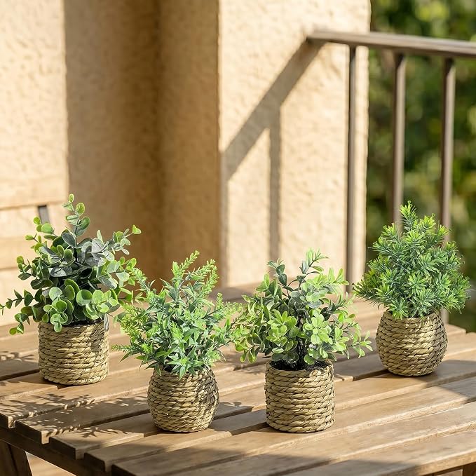 Small Fake Plants, 4 Pack Artificial Plants in Handwoven Seagrass Baskets | Natural Woven Texture, 4 Unique Plant Designs, Shelf, Desk & Table Decor, Realistic Faux Greenery, Farmhouse & Boho Decor