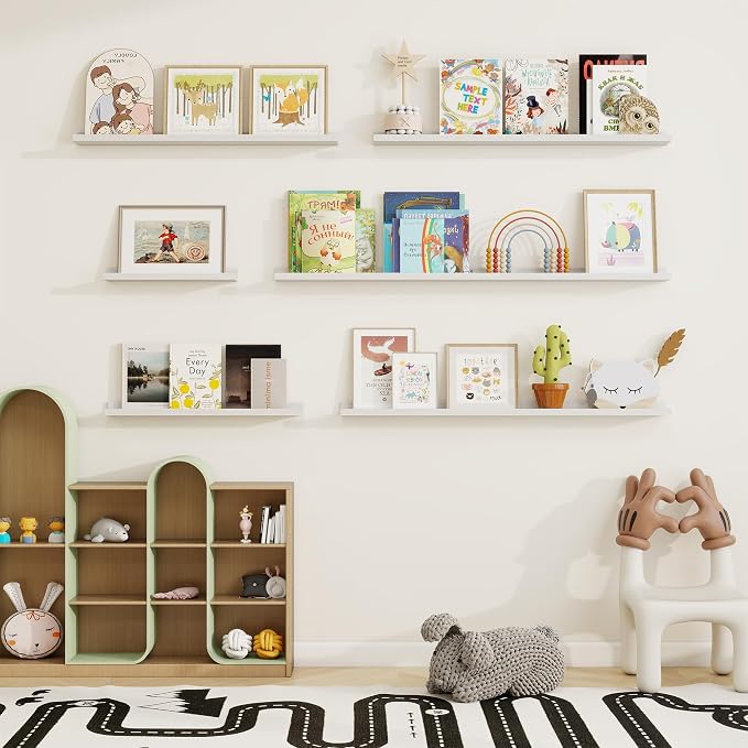 Picture Ledge Shelf, Floating Shelves Set of 2, 40 Inches Solid Wood Nursery Book Shelves for Toys Storage, Kids Bookshelf Wall Mounted for Living Room Bedroom Decor Books Photo Frames, White