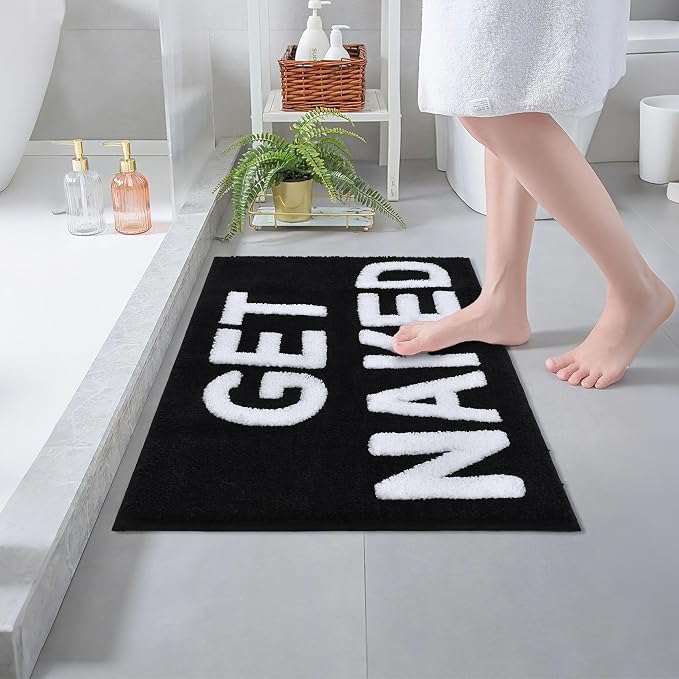 Zeeinx Get Naked Bath Mat Black Cute Bathroom Rugs 20”x32” | Non Slip Absorbent Microfiber Machine Washable Black Bathroom Rugs for Tub and Shower Funny Apartment Decor