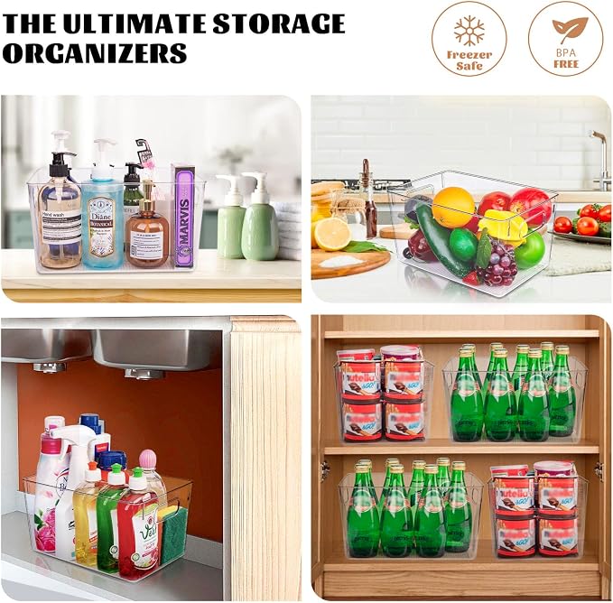 Set of 8 Pantry Organizers and Storage, Clear Plastic Bins(4L+4S) | BPA-free PETG storage containers with handles, ideal for kitchen, fridge, bathroom, cabinet, office, and garage organization