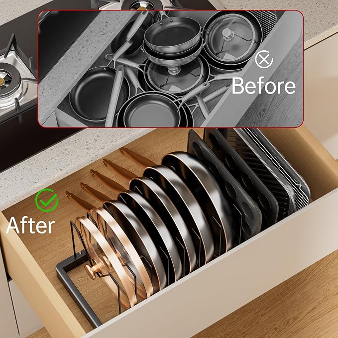 Expandable Pot and Pan Organizer with 12 Adjustable Dividers | Solid Metal Under‑Cabinet Pot Lid Organizer 14.1''‑24.8'', Lid Organizers Inside Cabinet, Fits Bakeware & Cookie Sheets