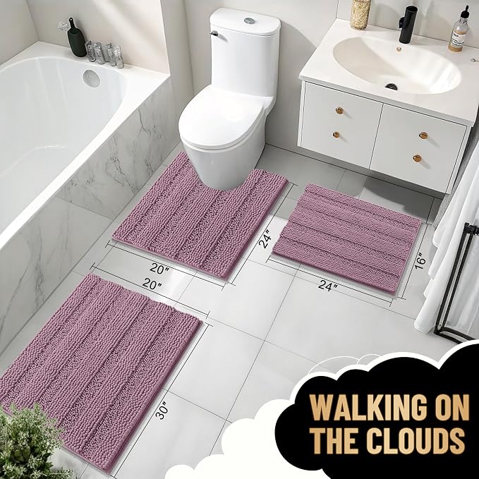 OLANLY Thick Bathroom Runner Rugs 70x24, Soft Chenille Bath Rugs, Deep Plum | Absorbent Striped, Rubber Backing, Machine Wash, Long Bath Mats for Bathroom Floor, Tub and Shower, Home Decor Accessories