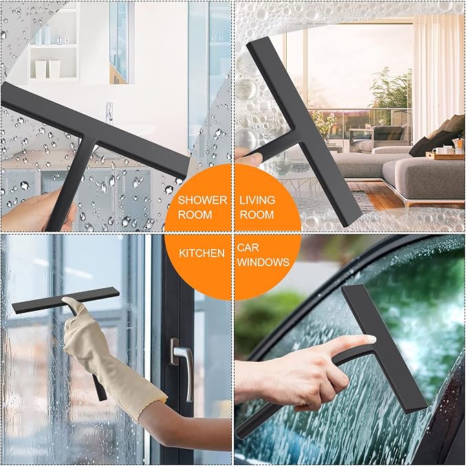 Silicone Shower Squeegee, Black, 11inch | All-Purpose, With Hook, For Shower Glass Door Window Mirror Tile Car Walls