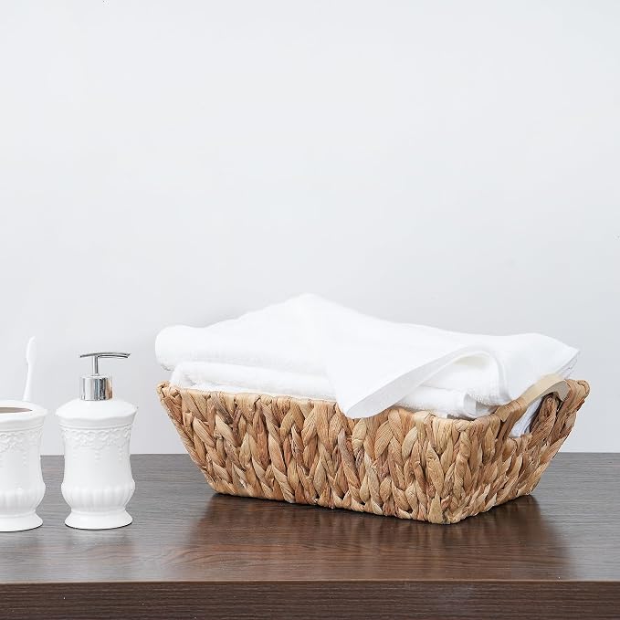 Handcrafted Water Hyacinth Basket with Wooden Handles, Wicker Shelf Basket for Storage and Organizing, Rectangular, 1 Pack, Large Size