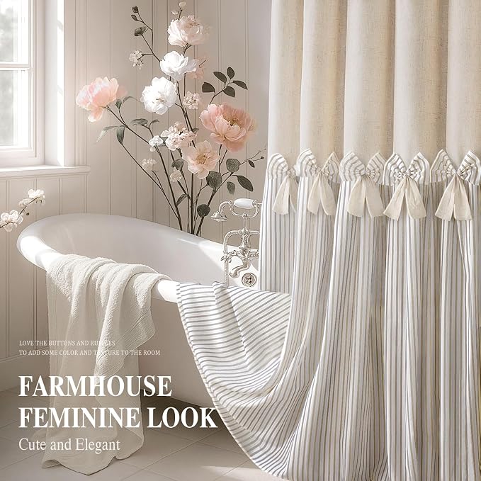 Farmhouse Shower Curtain Linen Bow Pleated Beige Stripe 72"W x 78"L | Farmhouse Style, Chic Bow, Striped, Linen Fabric, Rustic, Country, Natural Look, Washable, for Bathroom Bathtub