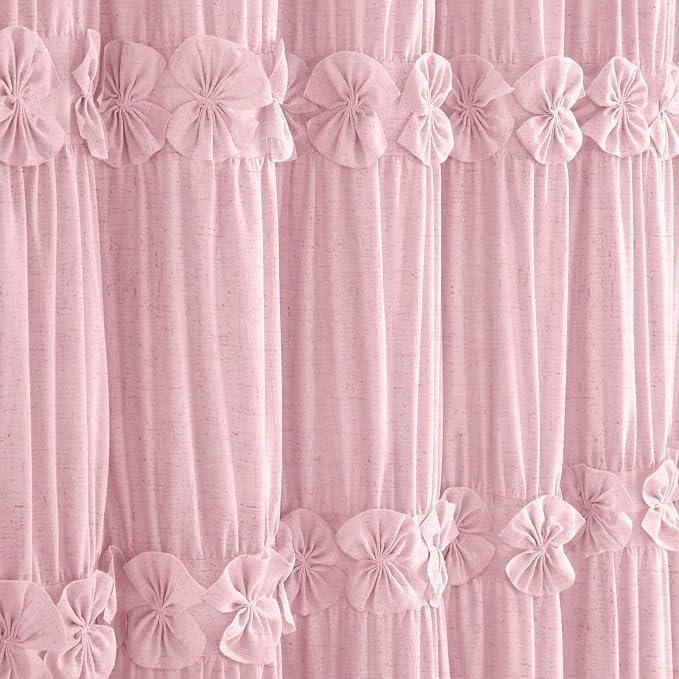 Ruffle Farmhouse Linen Shower Curtain with Vintage Pink Linen 72" W x 72" H | Linen Blend Fabric, Ruffle Bow and Ruffled Hem,Linen Texture,Machine Washable,12 Metal Holes and Plastic Hooks