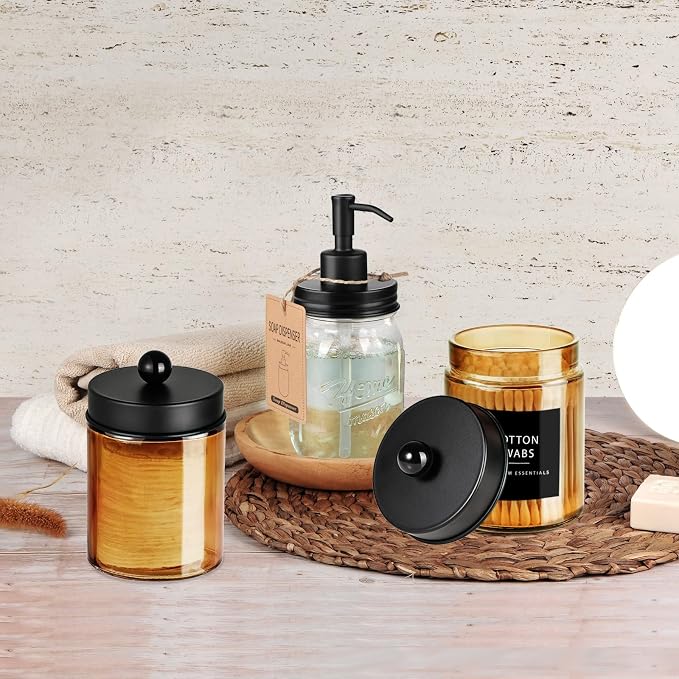 Amolliar Bronze Amber Glass Apothecary Jar, Qtip Holder Storage Black 4Pack | Bathroom Canister With Metal Lid, Q tip Dispenser Holder for Cotton Balls, Cotton Swabs, Floss Picks, Vanity Makeup Organizer