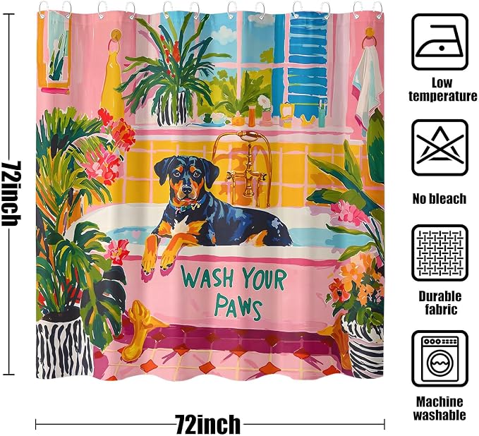 Accnicc Funny Dog Shower Curtain Boho Cute Rottweiler Shower Curtains for Bathroom Green Tropical Plants Pink Bathtub Matisse Decorative Unique Waterproof Fabric Bath Curtain Decor 72 X 72 Inches