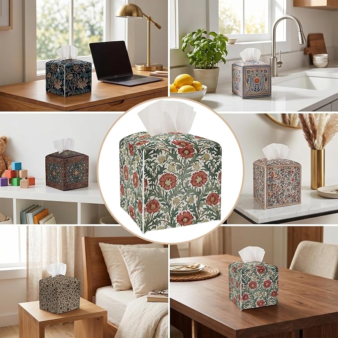 Tissue Box Cover Holder Square - Vintage Boho PU Leather Decorative Organizer, Ethnic Carpet Pattern Design Inspired, with Bottom Belt for Bathroom Car Office Tabletop Home, 5x5 Inch (Beige&Blue)