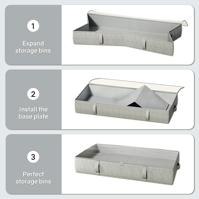 2-Pack Under Bed Storage Containers, 6 Inches Tall Clothes Storage, Grey | High Side Collapsible Underbed Organizer Bin with Sturdy Sidewalls/Bottom, Cotton Linen Bins, For Seasonal Clothes & Bedding