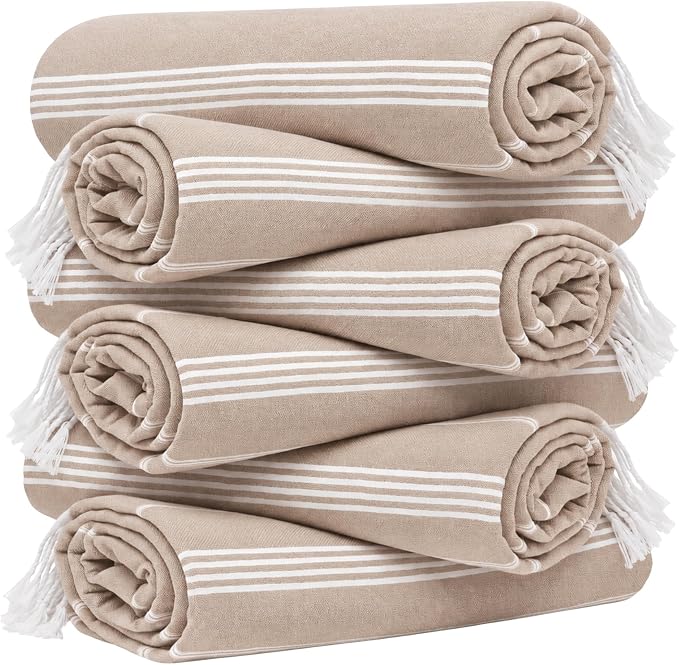 Turkish Beach Towel Set of 6 Oversized 72x40 100% Turkish Cotton | Soft Hammam Peshtemal, Sand Free, Quick-Dry, Absorbent Bath Towel | Lightweight & Compact for Travel, Pool, Gym, Spa - Beige