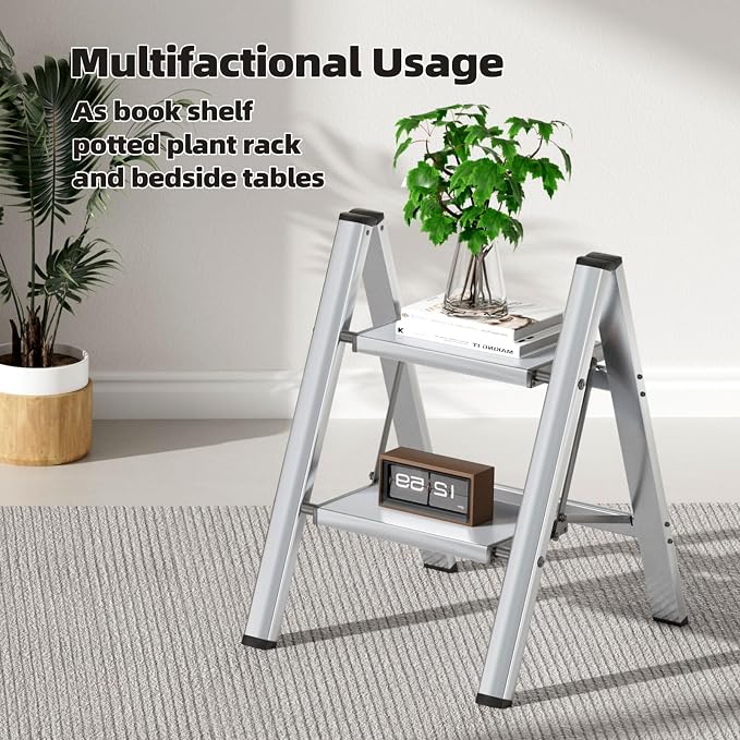 HillhutApex Aluminum Step Stool Foldable,2 Step Ladder (Silver) | Lightweight Portable step ladder with Anti-Slip Wide Pedal,330lbs Capacity Ladder for Household,Office,Kitchen