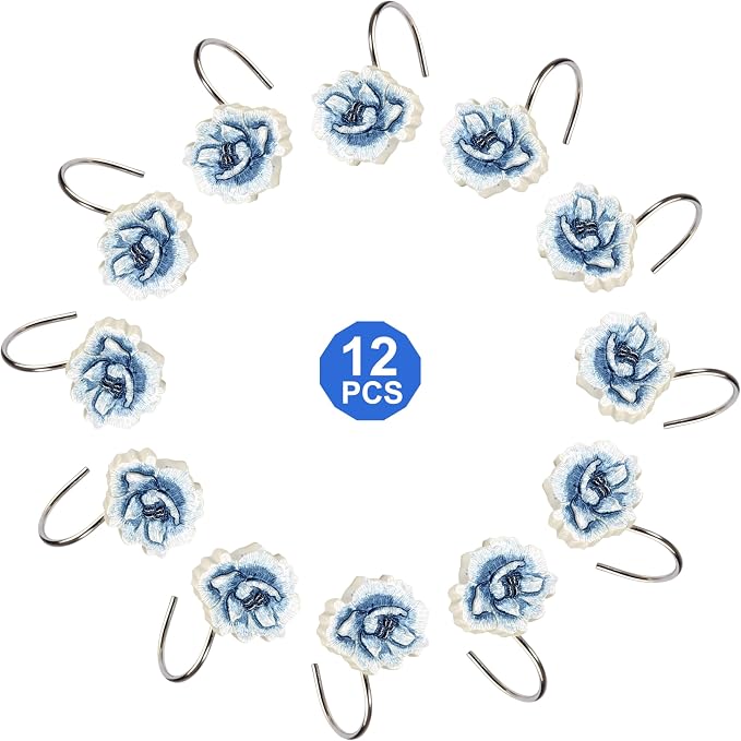 Zahari Home Dublin Rose Shower Hooks Set - Rust-Proof Curtain Rings with Unique Design - 12 Resin Hooks for Customizing Your Shower Space
