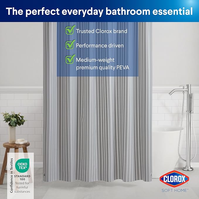 Clorox Shower Curtain Liner, Premium Striped Medium-Weight Durable Waterproof 6g PEVA for Bathroom with Weighted Magnets, Printed Standard Size 72" x 72", Grey
