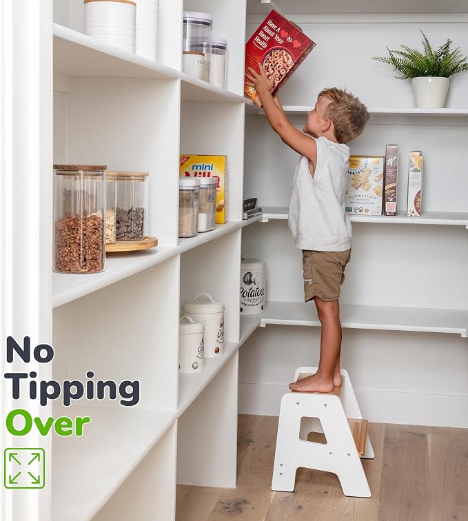 2-Step Wooden Toddler Step Stool for Bathroom Sink & Kitchen Use - White | Non-slip steps and padded feet for extra stability. Lightweight to carry, safely supports ages 2+ and adults up to 250 lbs.