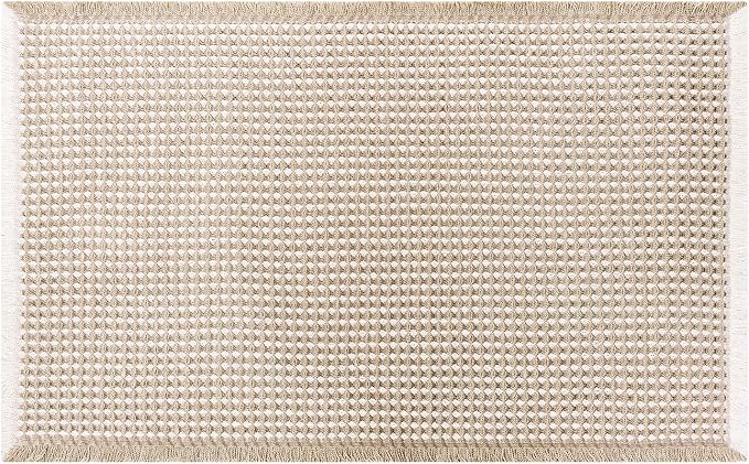 Long Bath Mat, Waffle Bathroom Runner Rug Non Slip Washable, 24 x 60 | Super Absorbent, Quick Dry Bath Runner, Soft Waffle Weave, Boho Farmhouse Bathroom Decor in Khaki and White for Sink or Tub.