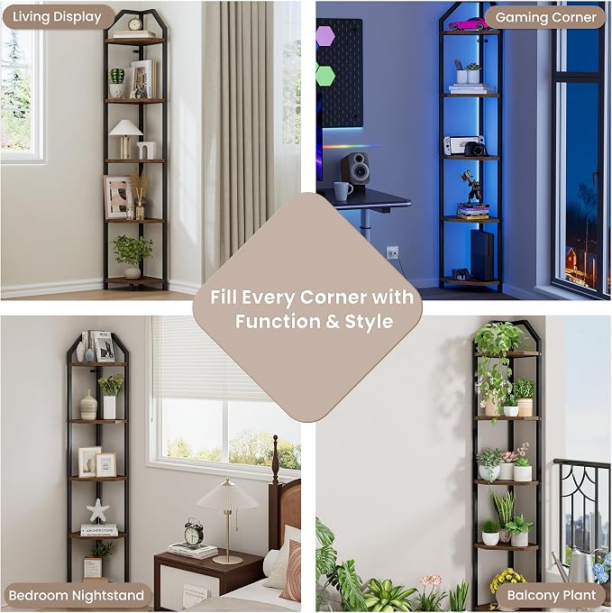 5-Tier Corner Shelf | 70 Inch Tall Bookshelf & Plant Stand, Heavy Duty Storage for Home Office & Living Room - Brown