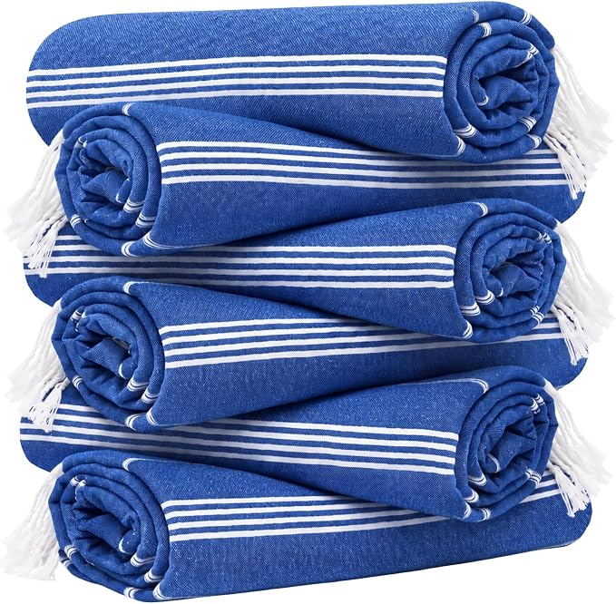 Turkish Beach Towel Set of 6 Oversized 72x40 100% Turkish Cotton | Soft Hammam Peshtemal, Sand Free, Quick-Dry, Absorbent Bath Towel | Lightweight & Compact for Travel, Pool, Gym, Spa - Blue