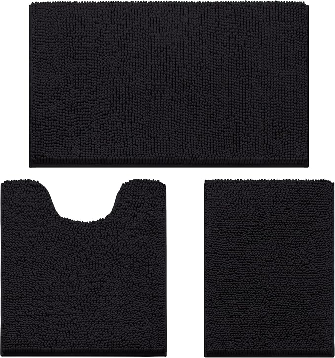 HOMEIDEAS 3 Pieces Bathroom Rugs, Ultra Soft Non Slip Absorbent Chenille Toilet Bath Mat Set (Black)
