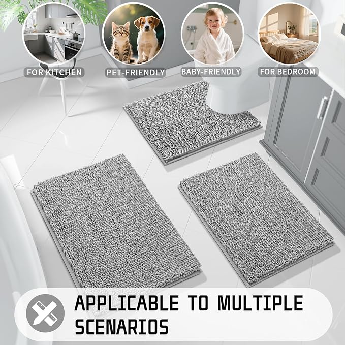 Yimobra Long Bathroom Rugs 44"x24", Extra Soft Non Slip Bath Mat for Tub, Super Absorbent Quick Dry Shaggy Rug Floor Carpet, Machine Washable,Gray