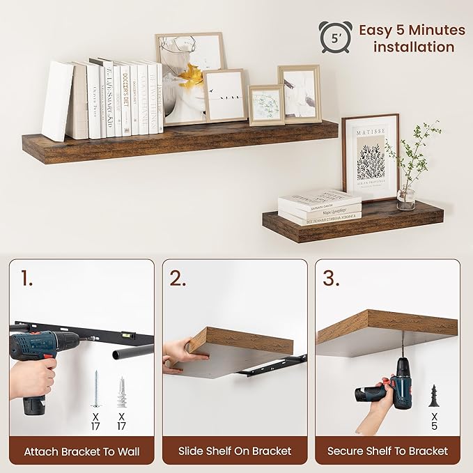 Vivelove Deep Floating Shelves 55x12” Set of 2, Rustic Brown | Easy Install With Hardware, 2" Thick, Invisible Brackets, Wall Mounted, No Sagging, For Any Room