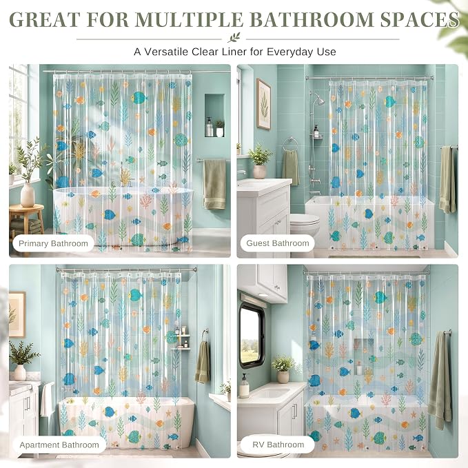 Clear Shower Curtain Liner, Ocean Fish PEVA, 72x72 Inch | Underwater World Waterproof Bath Plastic Shower Curtains Set with 3 Weighted Magnets and 12 Hooks for Bathroom Decor