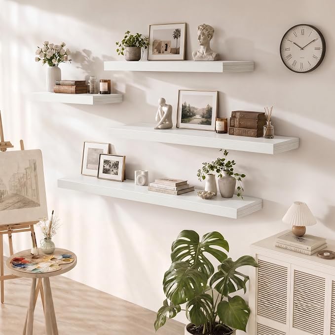 12 Inch Deep Floating Shelves for Wall, 24 Inch Wide Wall Shelves Set of 2, 2 Inch Thick Heavy Duty Invisible Wall Mounted Shelves for Kitchen Living Room,White
