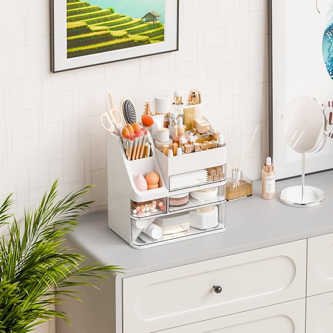 White Makeup Organizer Countertop With 4 Drawers,Large Cosmetics Storage Organizer for Brush,Hair Products,Plastic Makeup Holders and Beauty Skincare Organizers for Bathroom,Vanity,Dresser Top