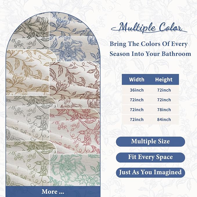 Blue Boho Linen Shower Curtain, Farmhouse Floral for Bathroom | Botanical floral print. Rustic farmhouse boho decor. Durable linen blend fabric. Machine washable for easy care. 72x84