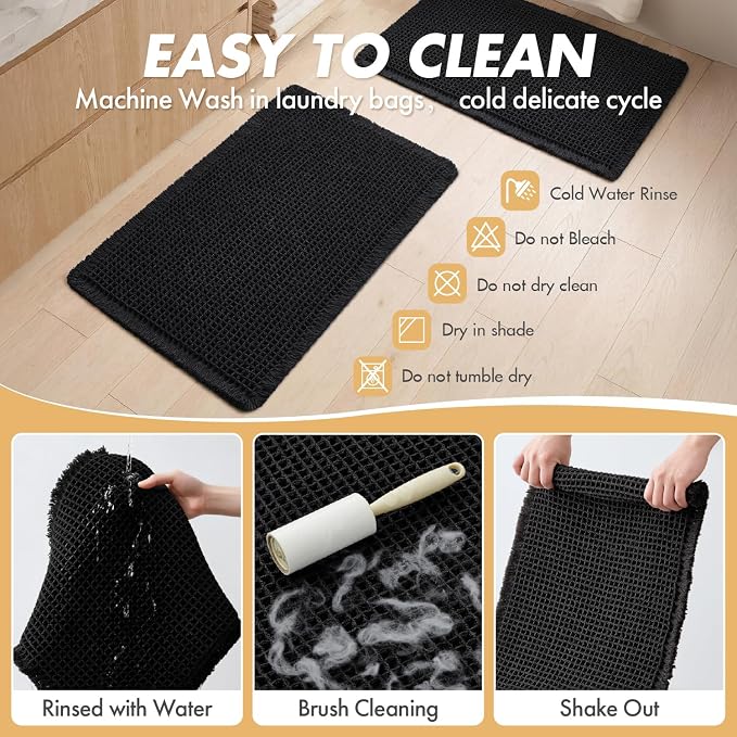 MIULEE Set of 2 Waffle Bathroom Rugs Boho Bath Mat Black 18x30 Inch | Non Slip, Super Absorbent, Washable, Ultra Soft, Rubber Backed Bath Rugs for Bathroom Floor Tub Shower