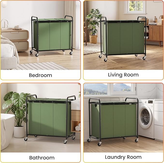 180L Laundry Sorter 3 Section, Rolling Laundry Basket with Wheels and Lid | 47.55 Gal Laundry Hamper, 3 Separated Removable Bags, Lockable Wheels, Dirty Clothes Hamper for Laundry Room Organizer, Green