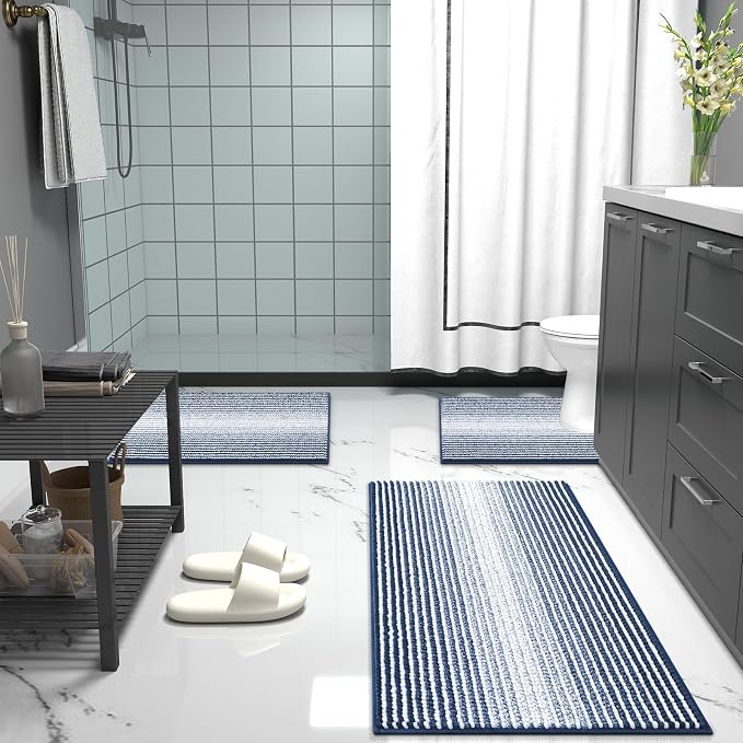 OLANLY Bathroom Runner Rugs 47x20, Soft Chenille Striped Bath Rugs, Navy | Extra Absorbent, Rubber Backing, Machine Wash Dry, Bath Mats for Bathroom Floor, Tub and Shower, Home Decor Accessories