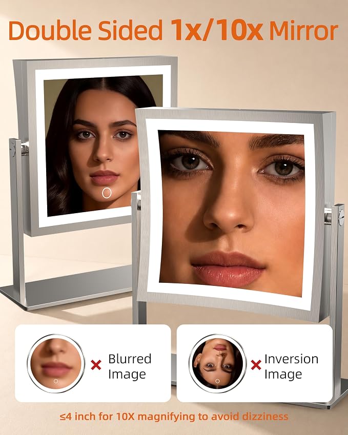 Ruacq Vanity Mirror with Lights, Dual Sided 1X/10X, Brushed Nickel | 8",4000mAh Rechargeable, Magnifying Mirror with 3 Color Lights,Touch Control Dimmable, 360° Rotation, Square, Gift for Women