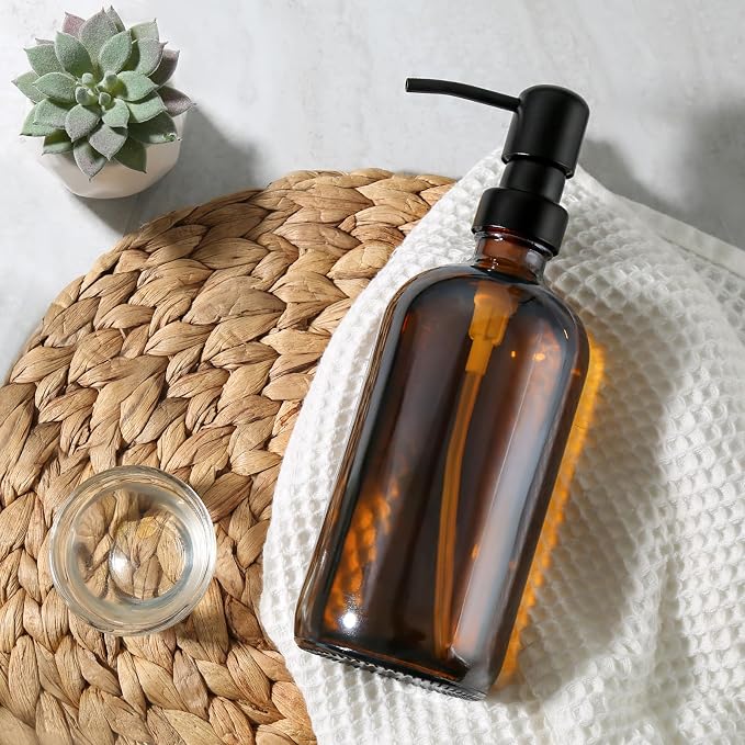 GMISUN Amber Glass Soap Dispenser, 1 Pack Dish Soap Dispensers for Kitchen with Rustproof Stainless Steel Pump, 17 Fl Oz Bathroom Hand Soap Dispenser, Brown Liquid Dishwashing Dispensers Bottle