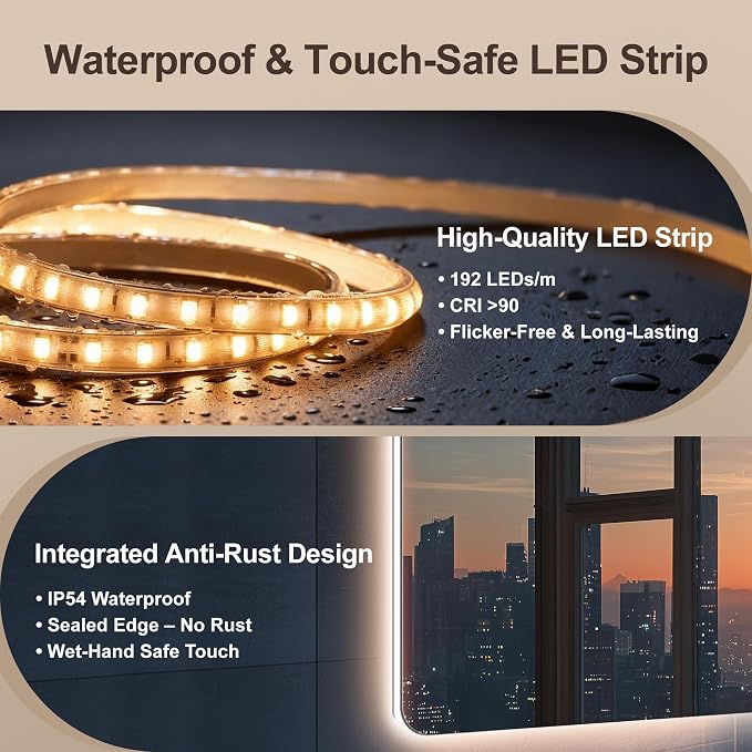 48''x36'' Lighted Mirrors for Bathroom Wall Backlit Rectangular Rounded Corners, LED Bathroom Mirror Frameless with Lights Anti Fog, Dimmable, 3 Colors,Tempered Glass, Shatter-Proof (Color 2)