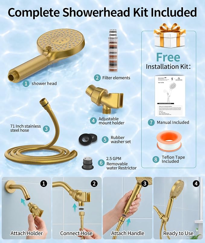 SR SUN RISE Filtered Shower Head with Handheld High Pressure 9 Spray Mode Showerhead Detachable Shower Head Water Softener Filters 1 Filter Brushed Gold